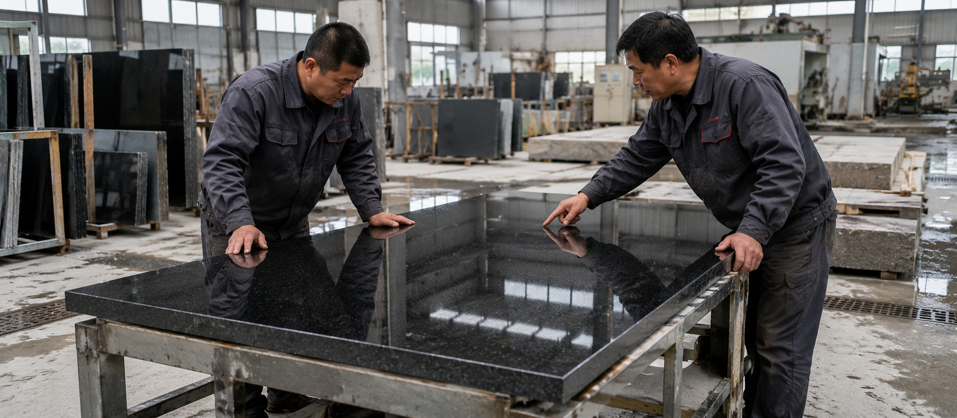 Two people examining a polished black stone slab on a metal table