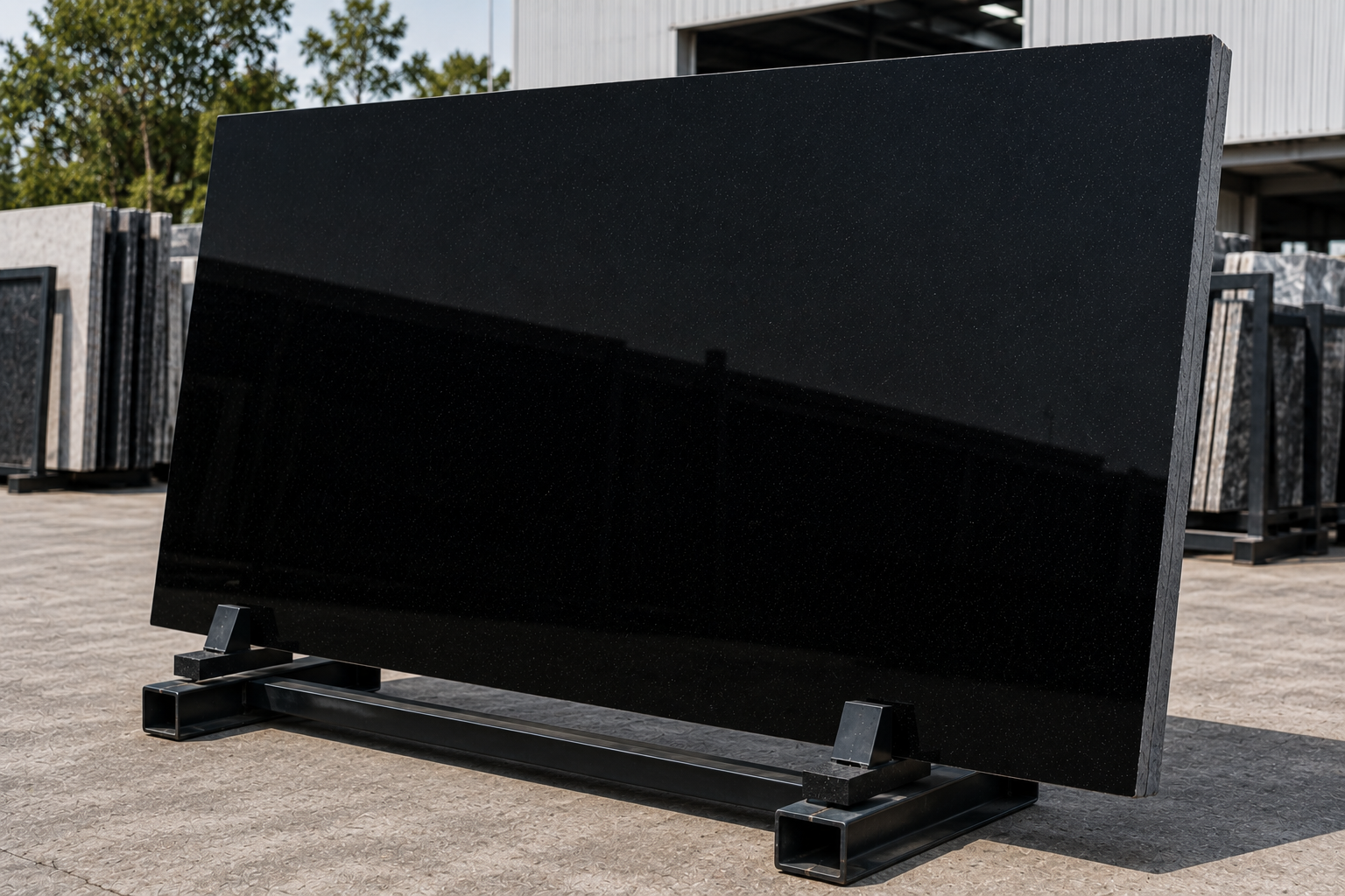 Polished black stone slab on a metal support frame outdoors