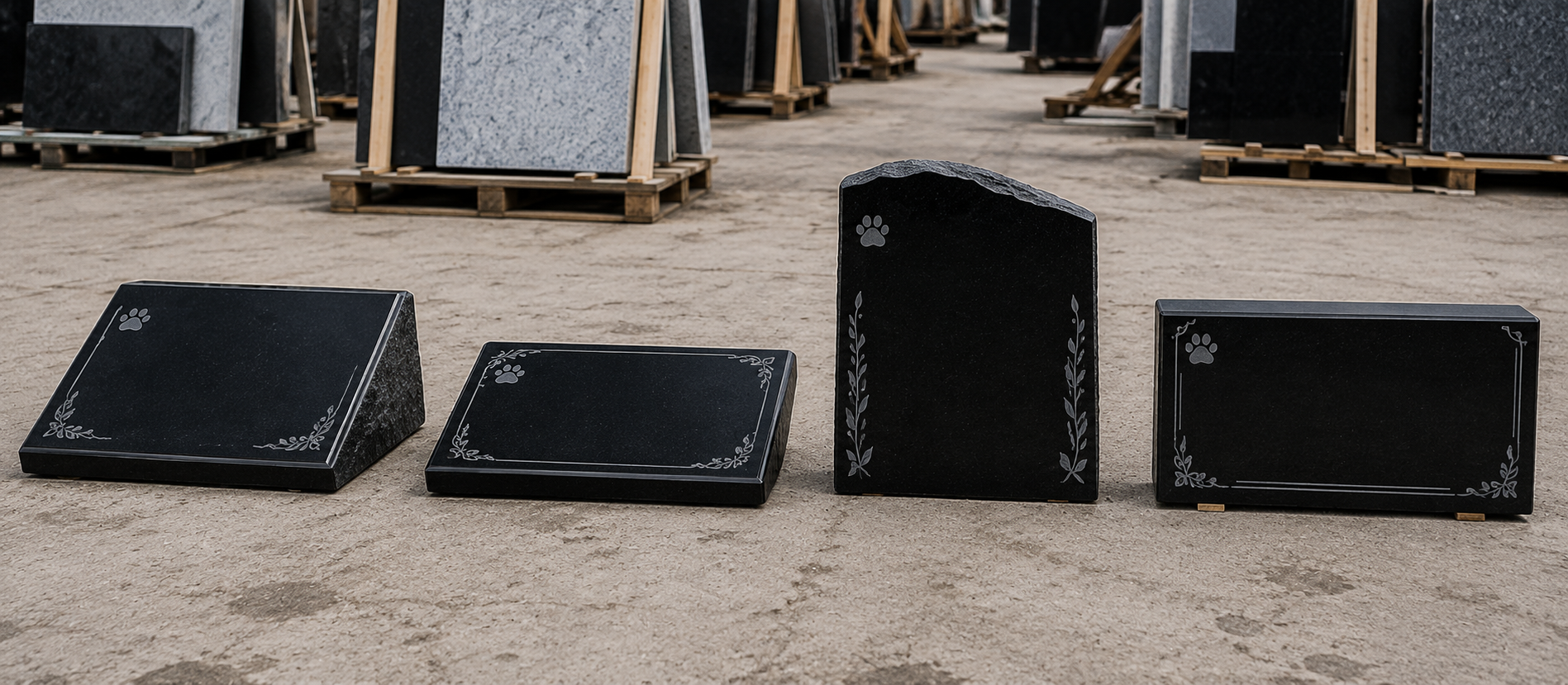 Four black pet memorials with paw motifs on a paved surface