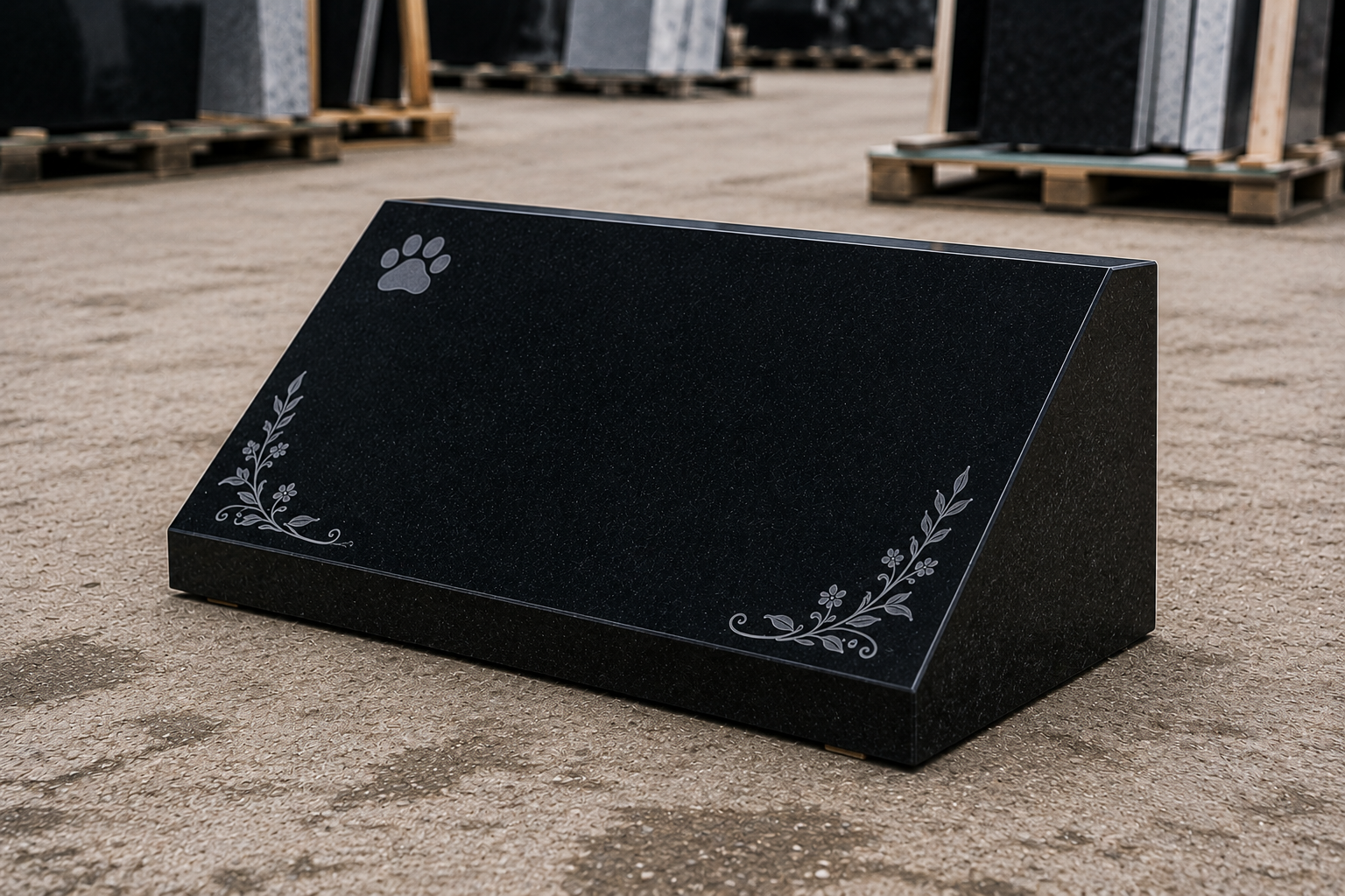 Sloping black pet memorial with paw-print and floral motifs