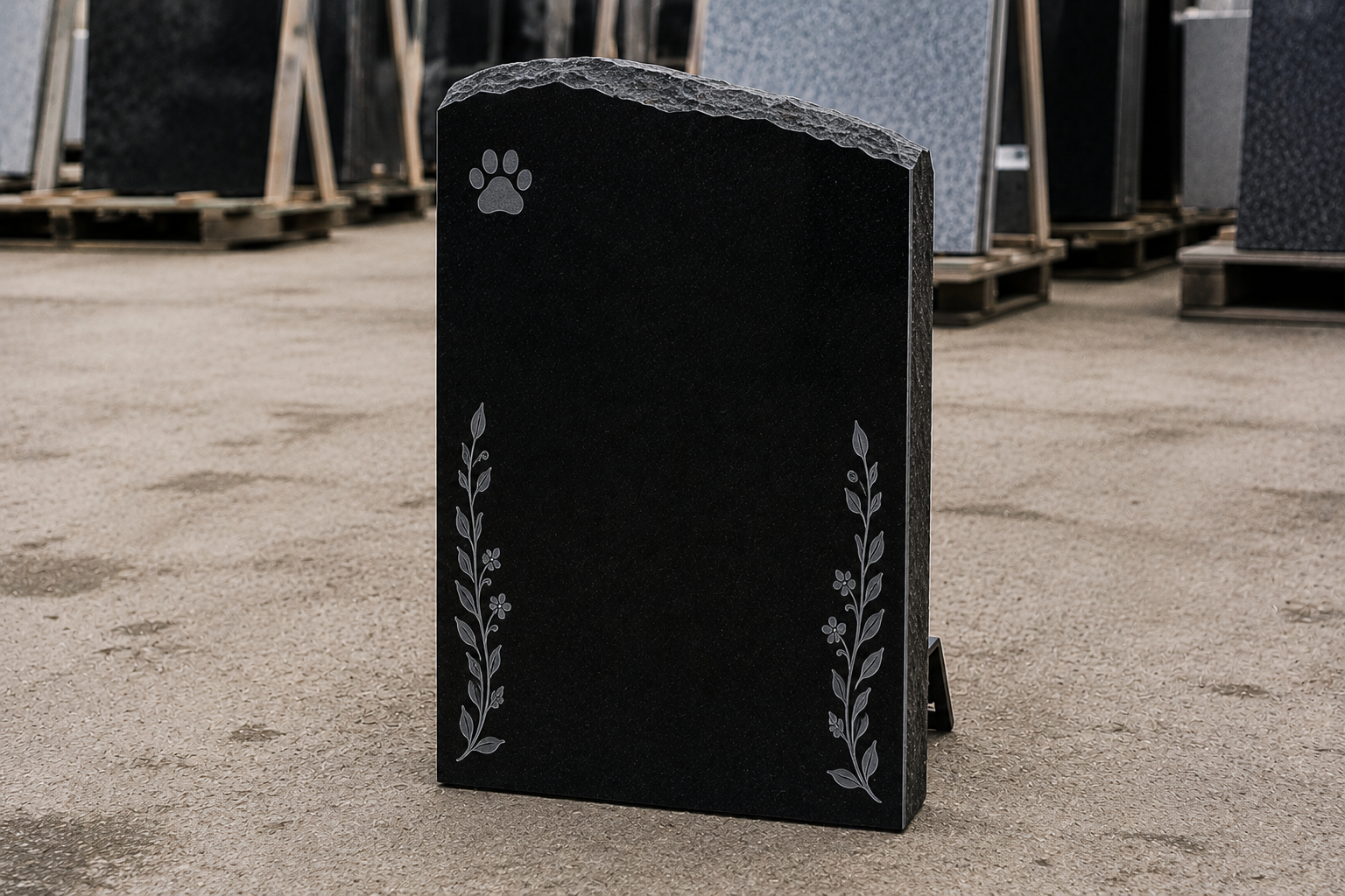 Upright black pet memorial with a rough upper edge and paw-print motif