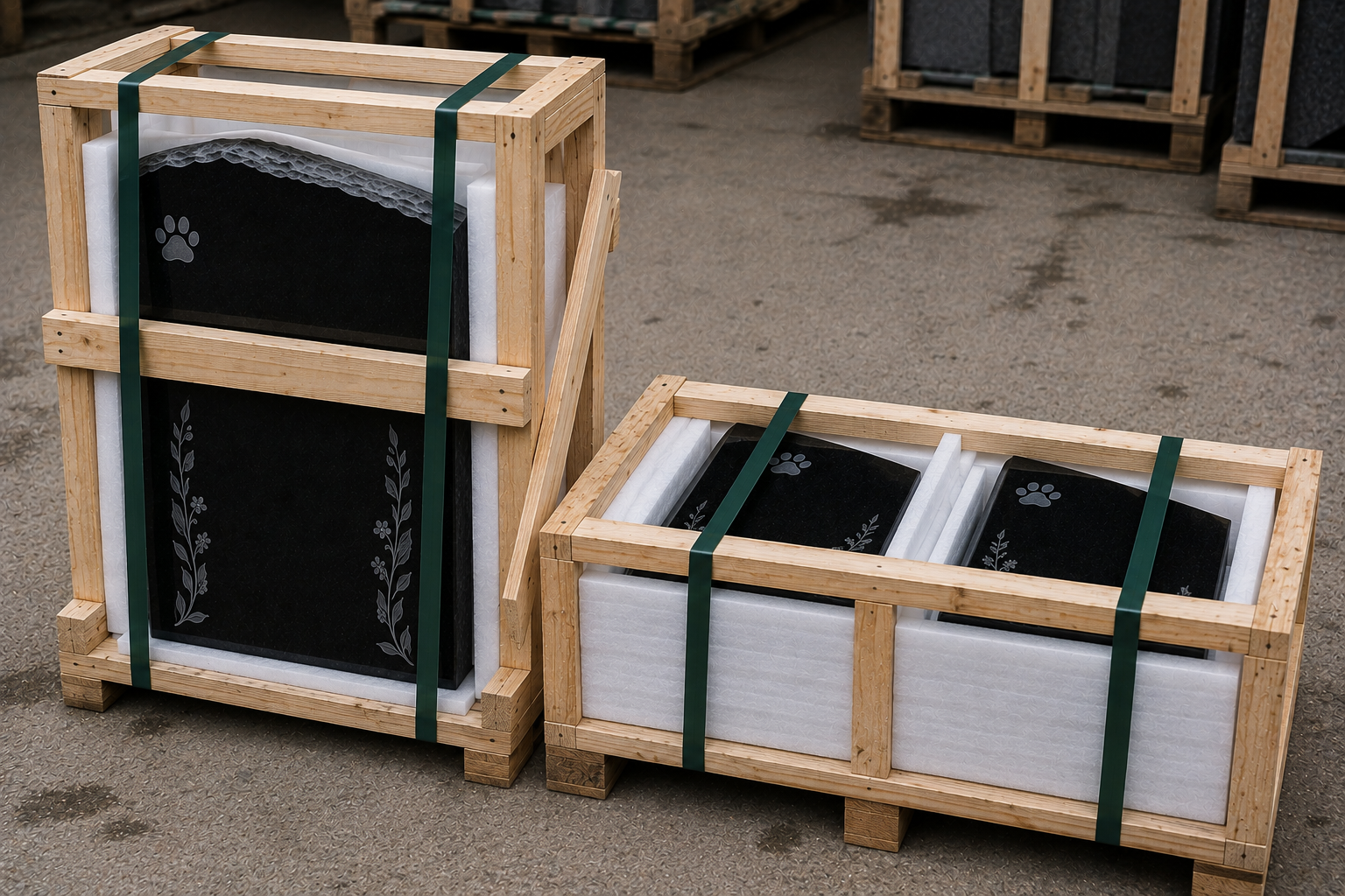 Black pet memorials secured in timber crates with protective padding