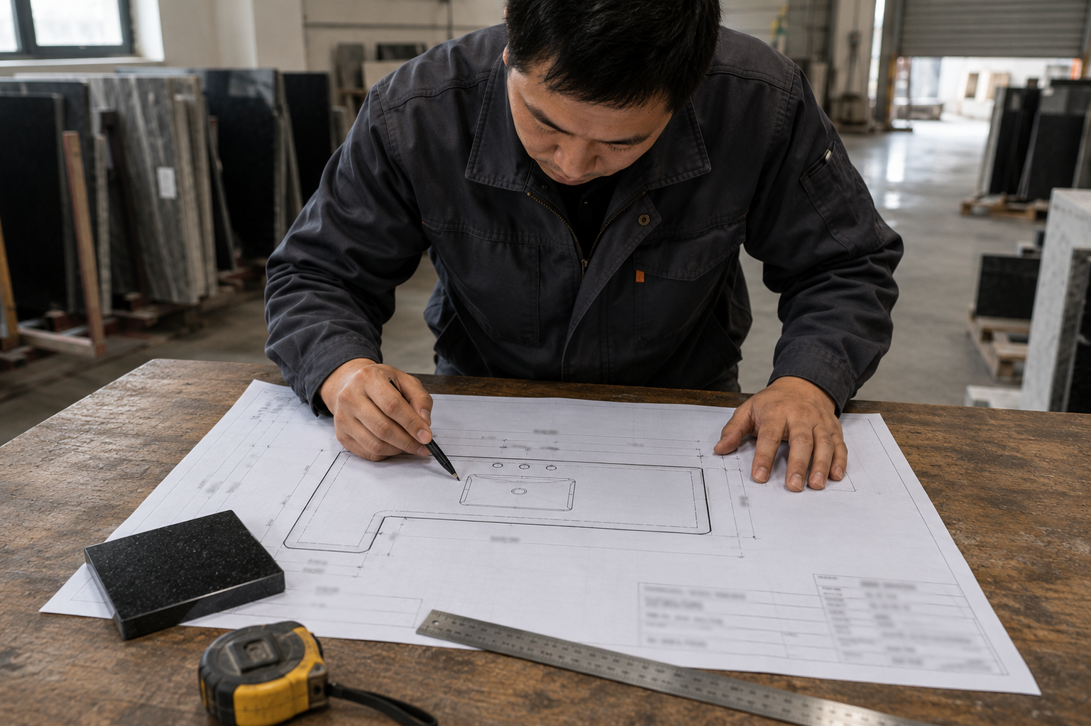 Person marking a dimensioned drawing beside a dark stone sample