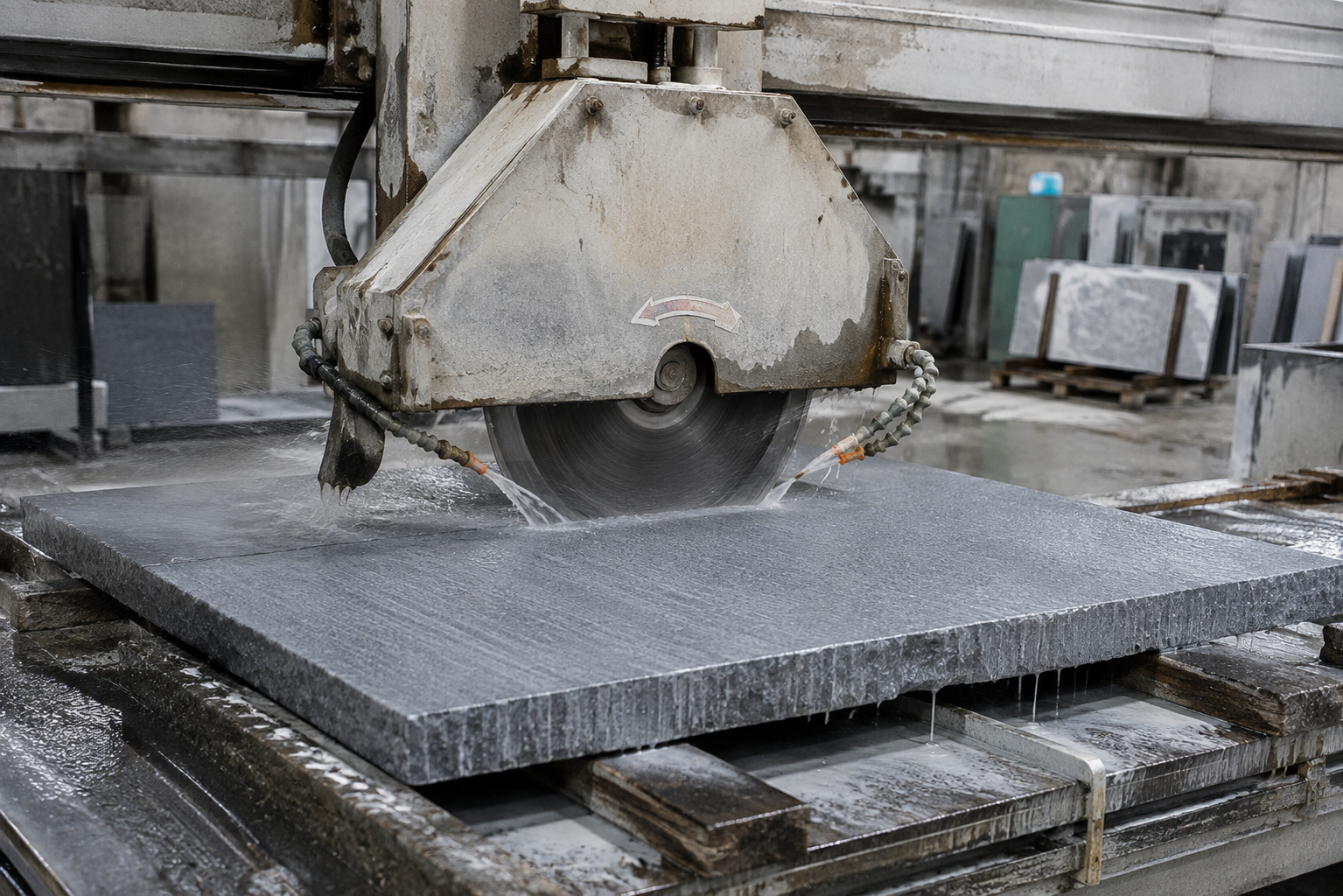 Stone-cutting machine cutting a grey slab with water