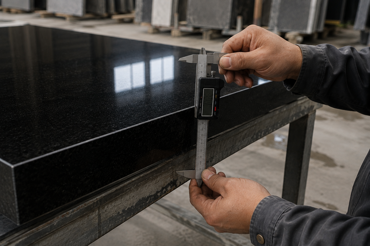 Hands using a digital caliper to measure a dark stone slab edge