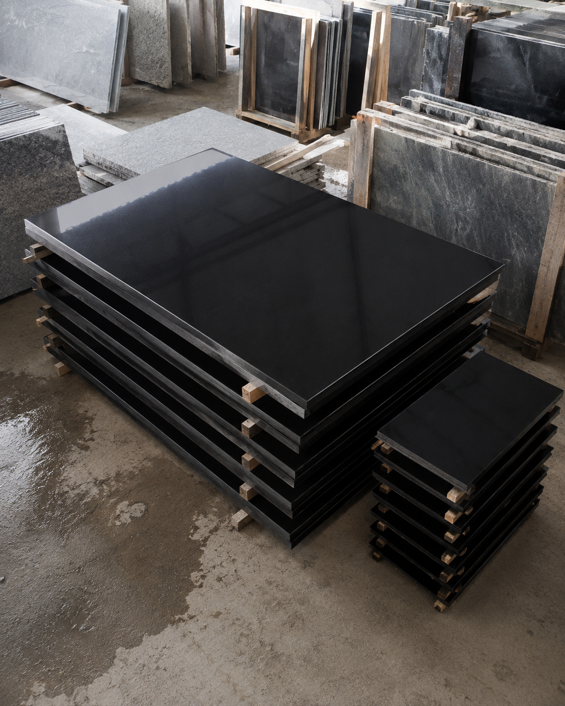 Stacked polished dark stone slabs on timber separators
