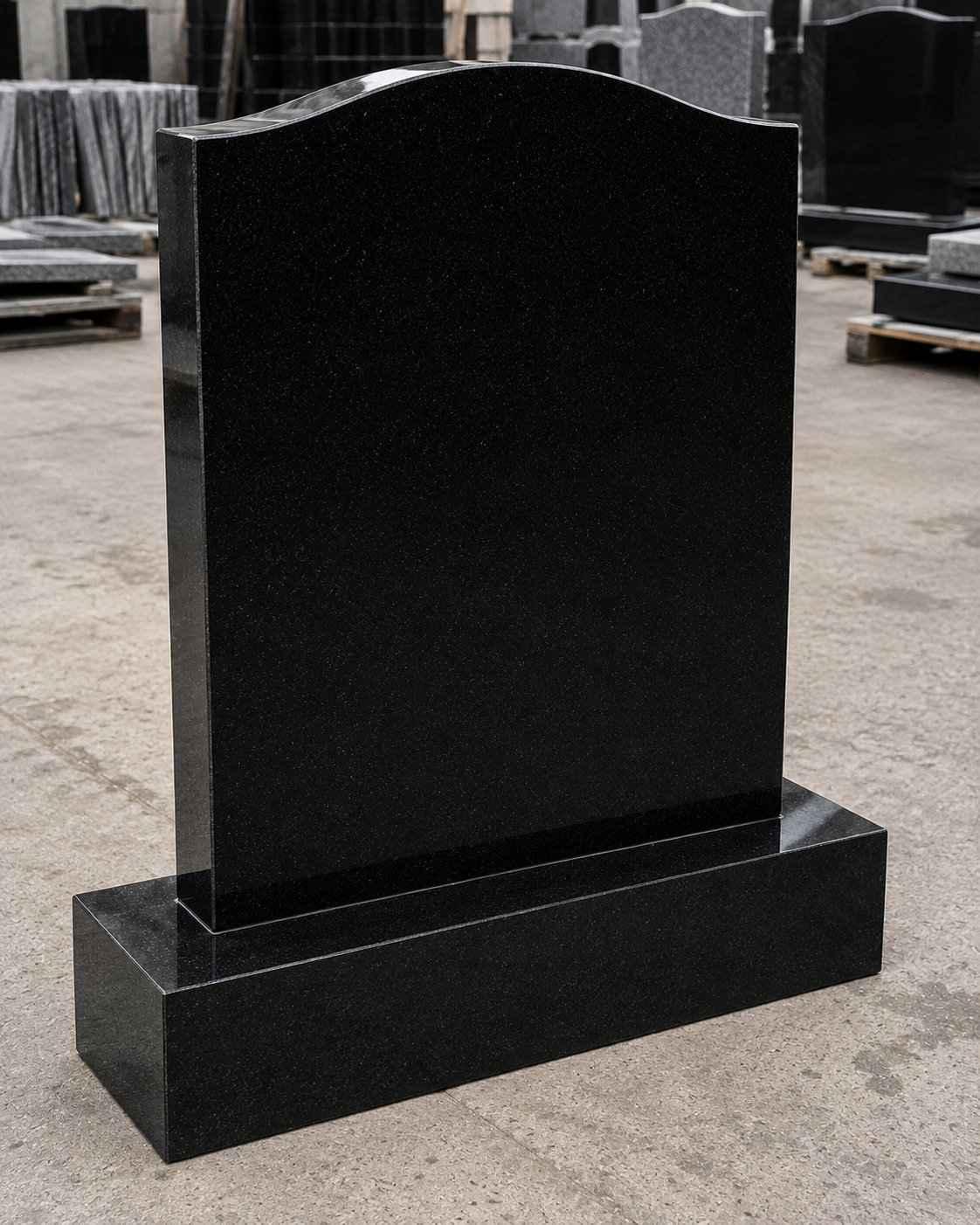 Upright black stone memorial on a rectangular base