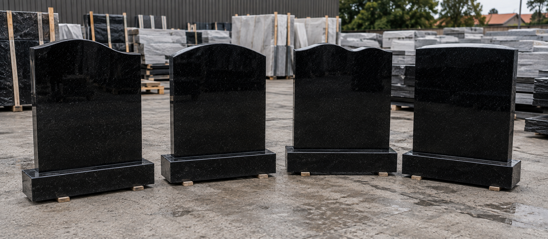 Four black stone memorials with curved tops on a paved surface