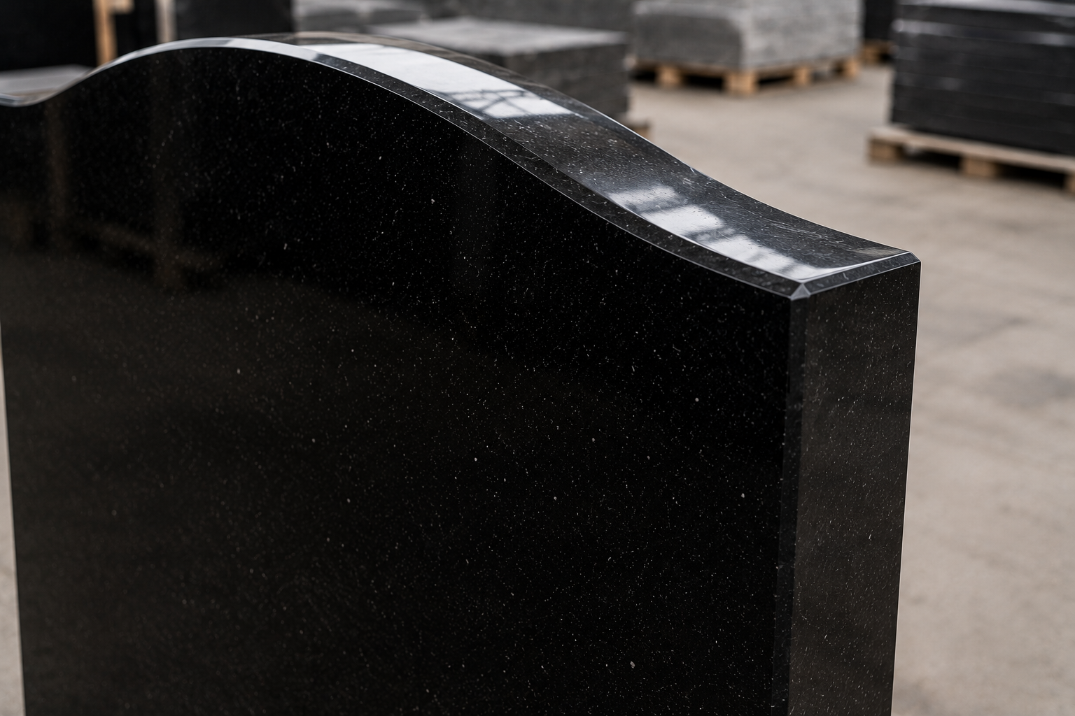 Upright black stone memorial on a paved surface