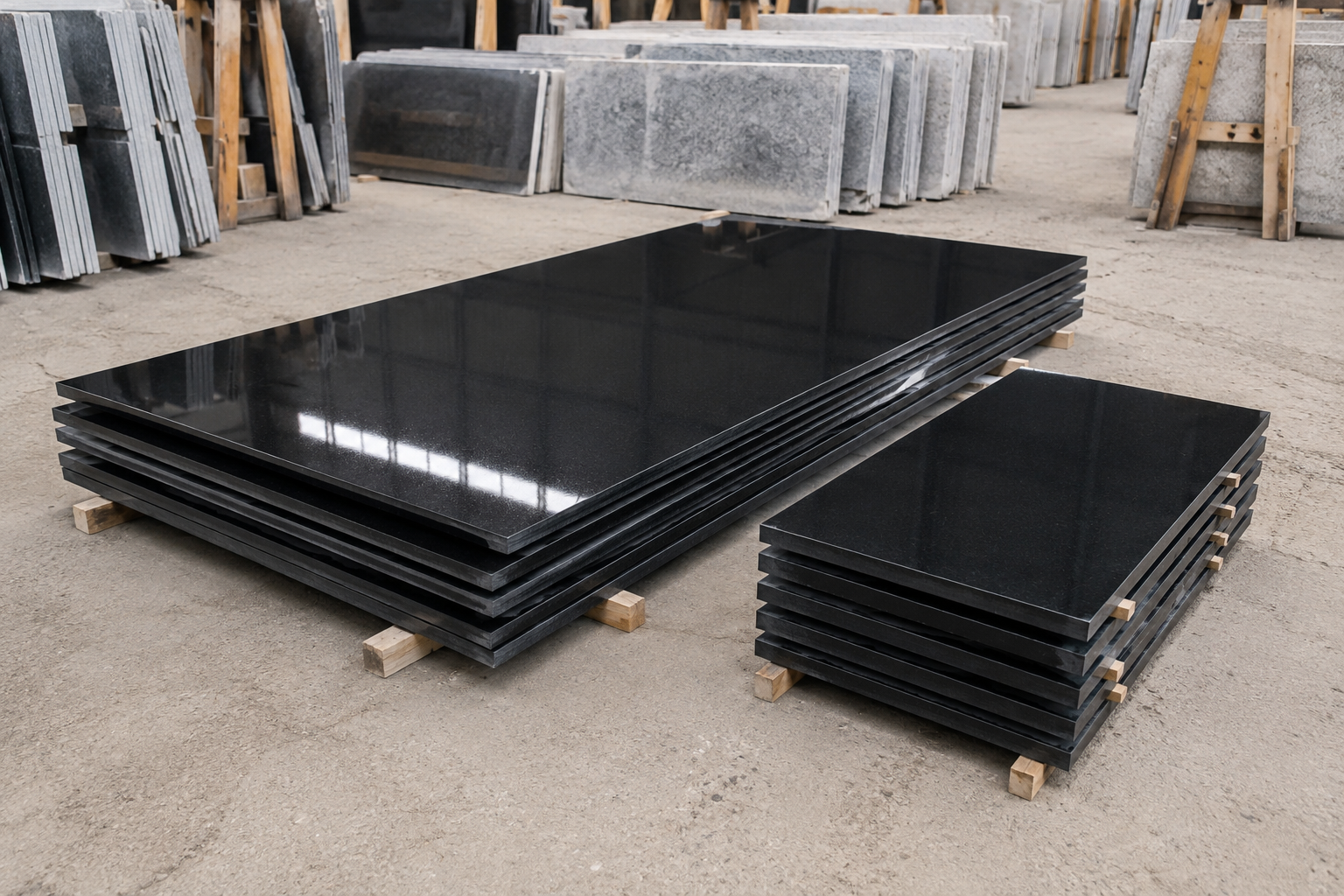 Stacks of polished black stone slabs on timber separators