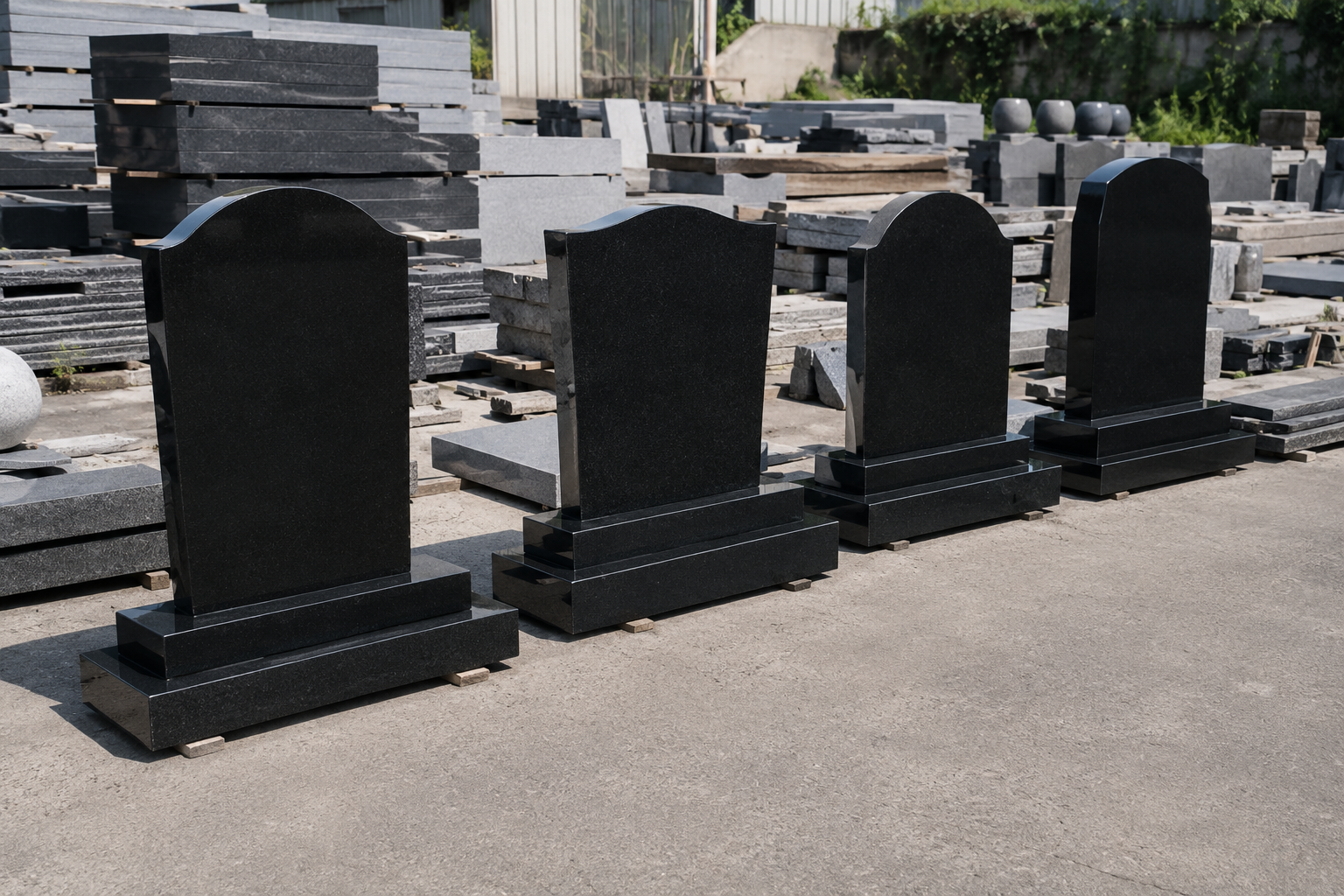 Four upright black stone memorials with curved tops