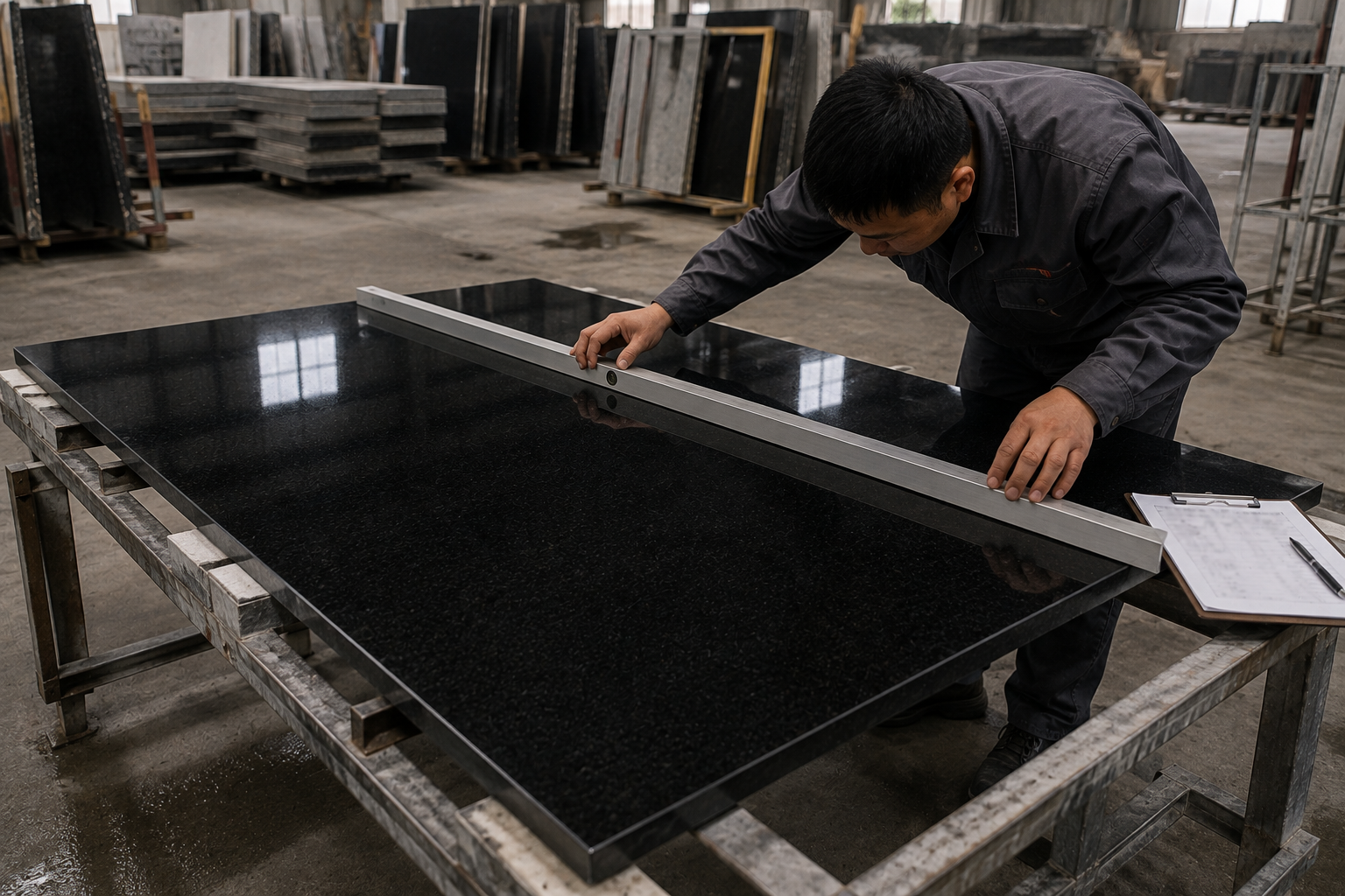 Person using a straightedge on a polished dark stone slab