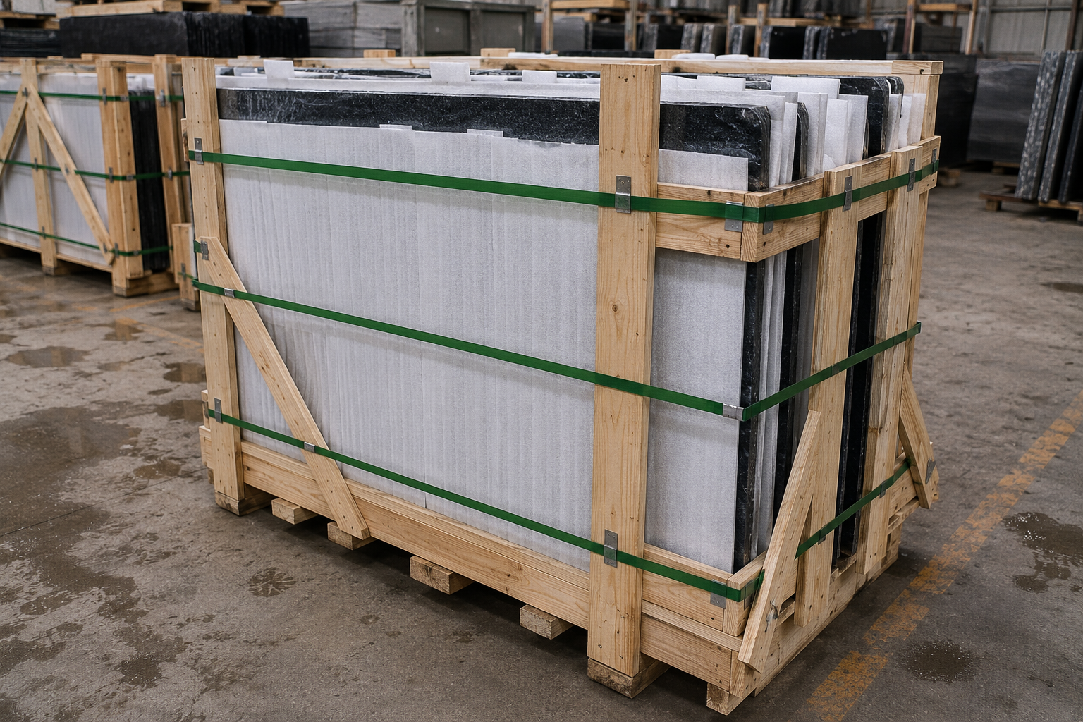 Stone slabs secured in timber crates with protective padding