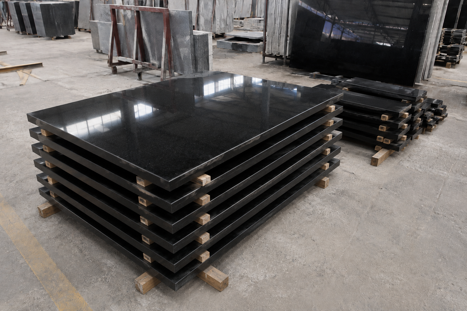 Polished dark stone slab with a measuring tape