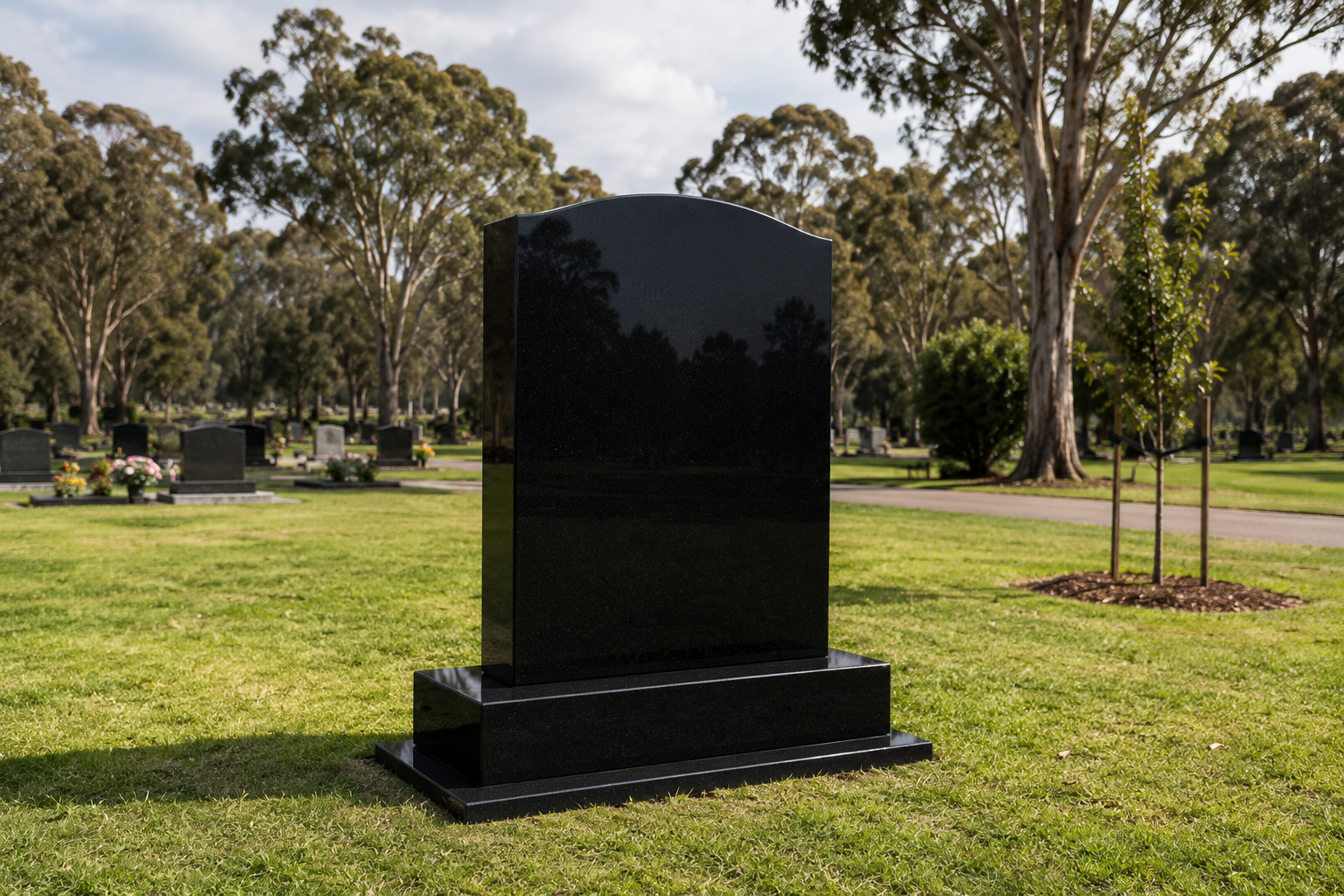 Upright polished dark stone memorial with a curved top in a landscaped cemetery