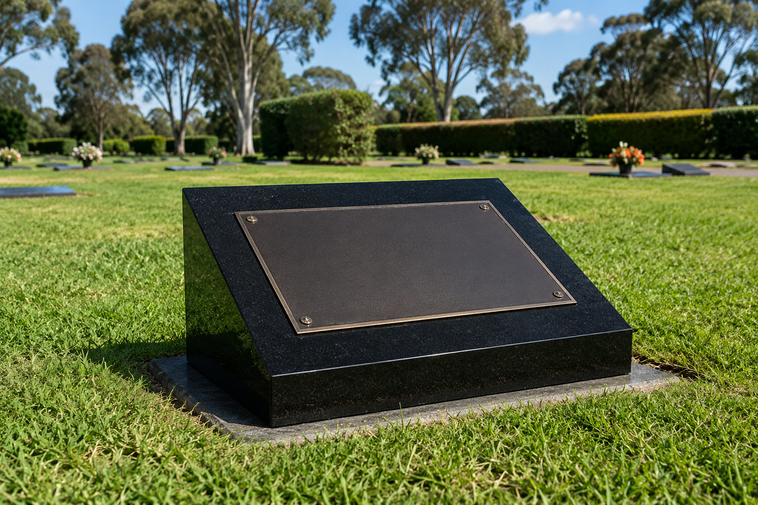 Low polished dark stone memorial with a bronze plaque on grass