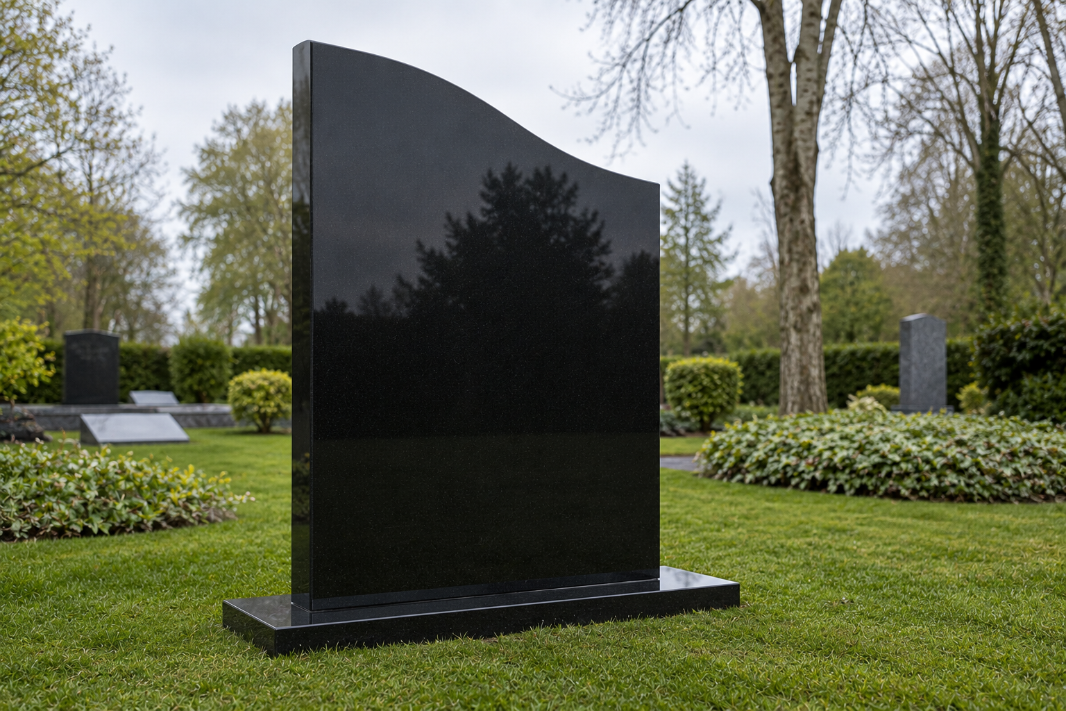 Tall polished dark stone memorial with a curved top on grass