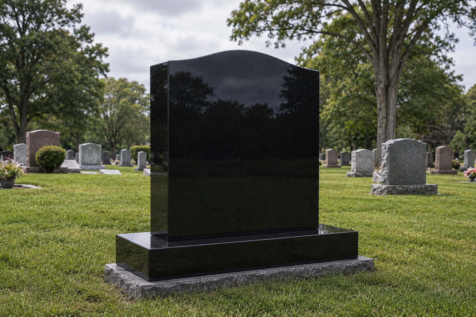 Upright polished dark stone memorial on grass among other memorials