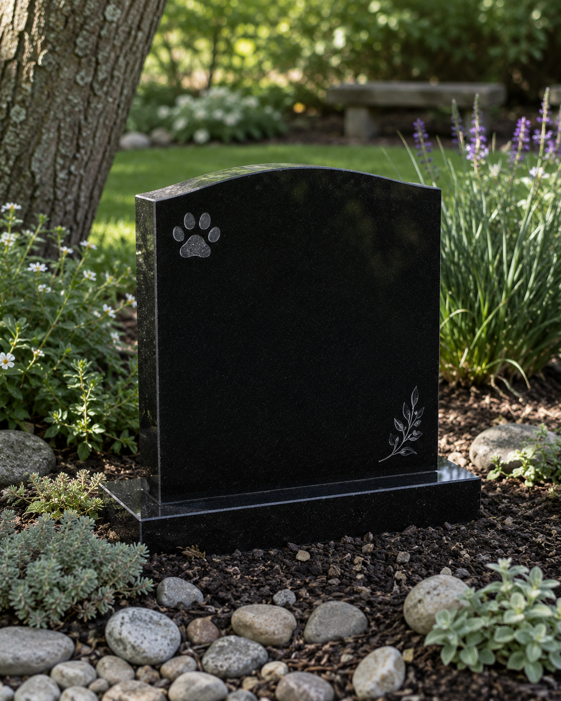 Upright dark stone pet memorial with paw-print and leaf motifs in a garden